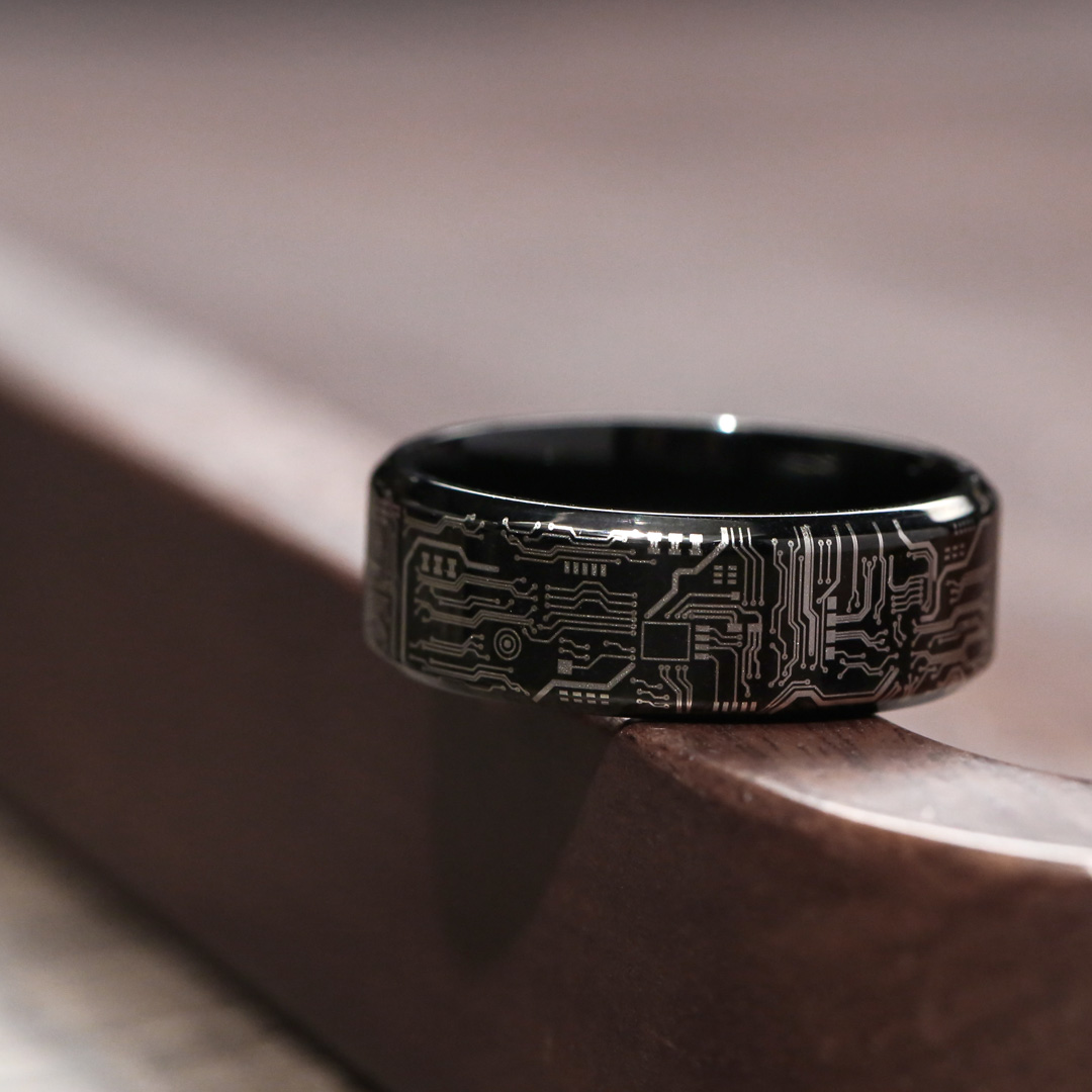 Black Circuit Board Ring, 8mm Titanium Band, Computer Gamer Geek Wedding Anniversary Gift Band Ring
