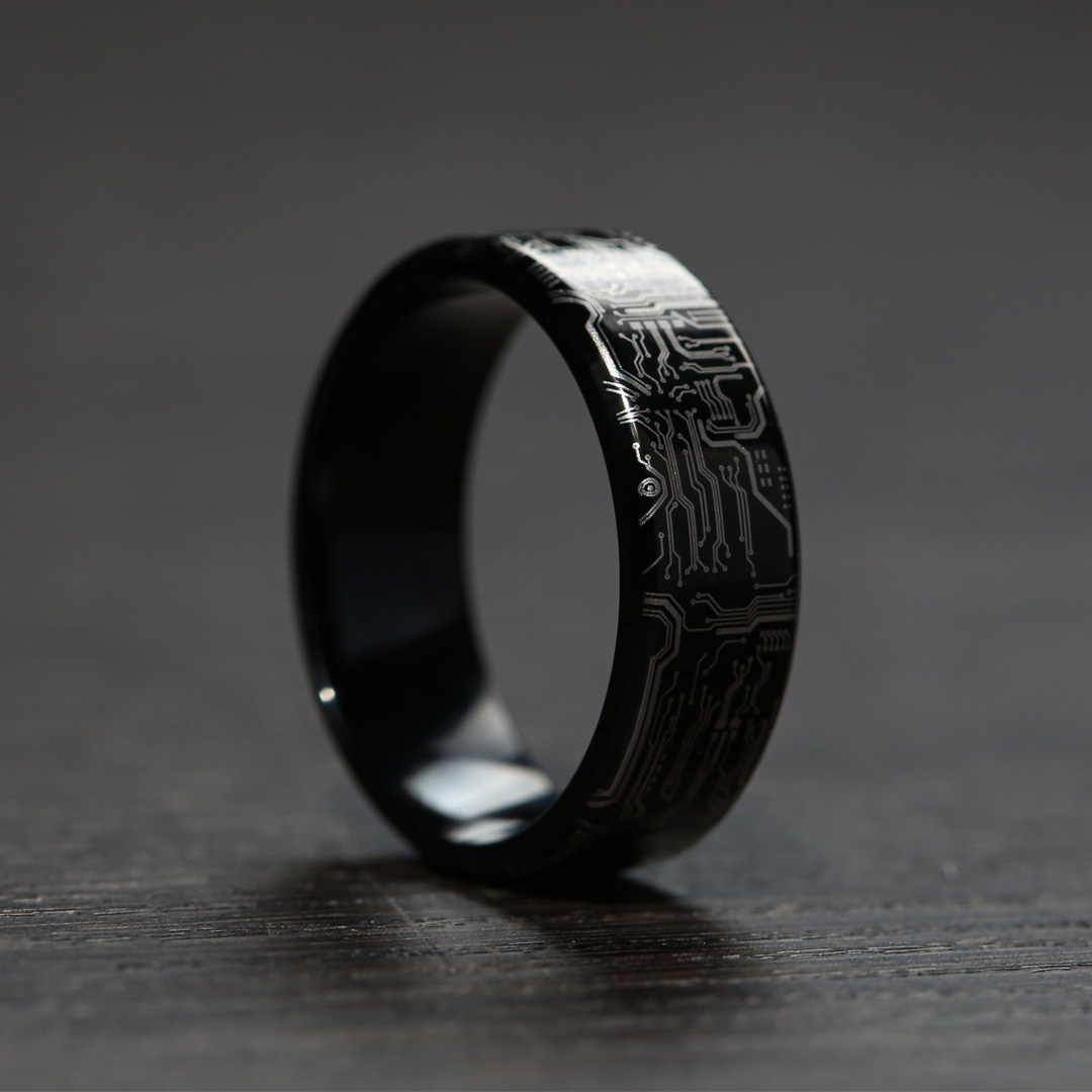 Black Circuit Board Ring, 8mm Titanium Band, Computer Gamer Geek Wedding Anniversary Gift Band Ring